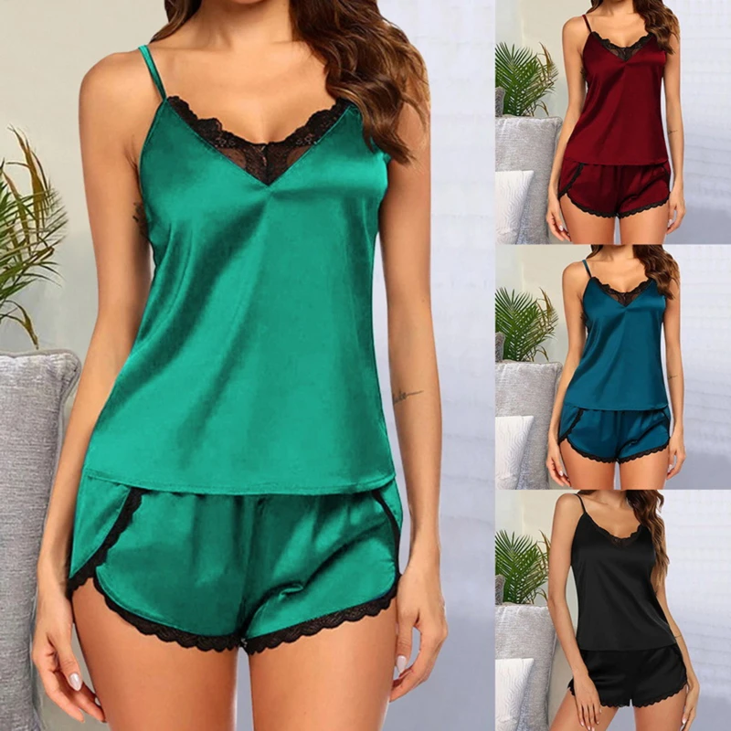 

2022 Lace Pajama Solid Women's Pajama Sets V-Neck Stretch Satin Sexy Erotic Lingerie Sleepwear Pajamas Home Wear Nightwear