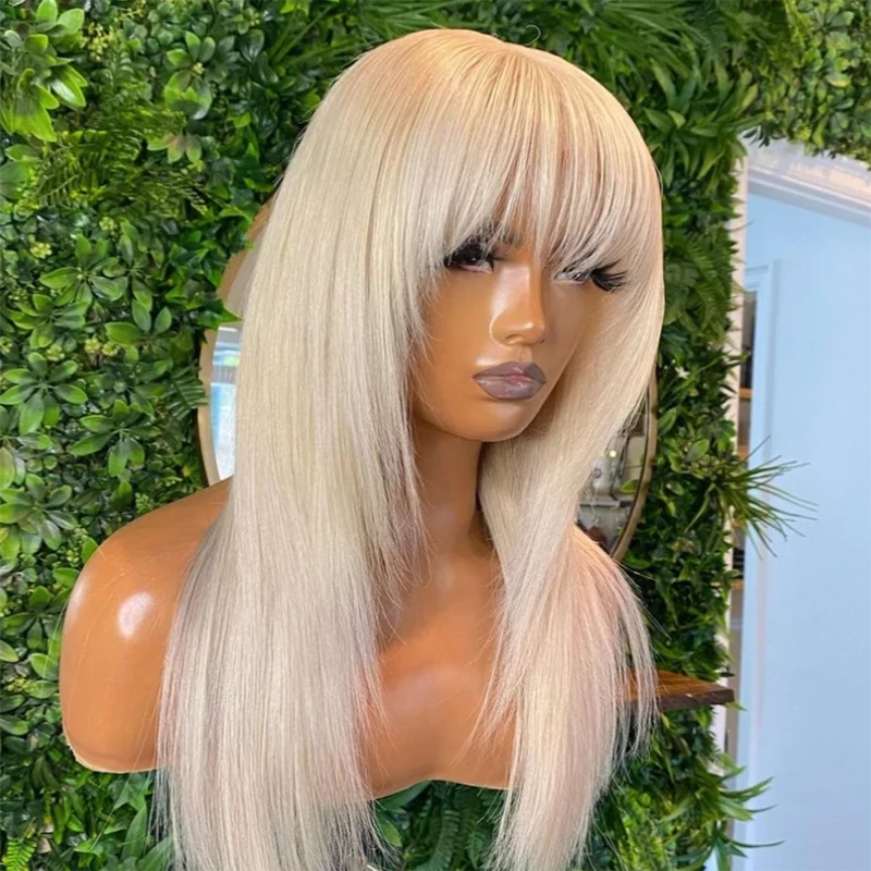 Colored #60 Straight HD 13x4 Lace Front Wig Mixed Human Hair Blend Synthetic Wig For Women With Bangs Preplucked Cosplay Wig