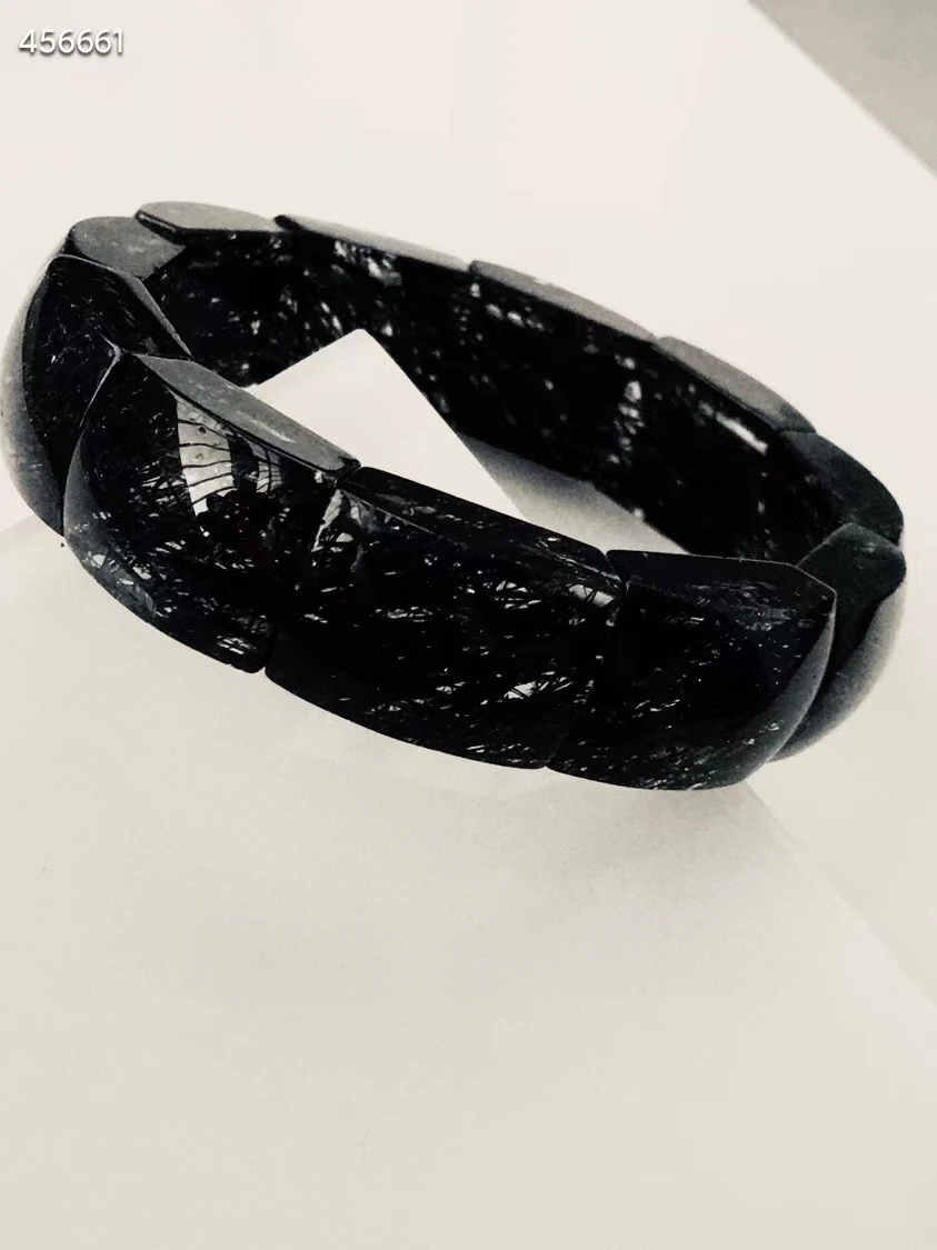 

Genuine Natural Black Rutilated Quartz Crystal Bracelet Bangle 18.14.9mm Clear Rectangle Beads Women Men Big Size AAAAAA