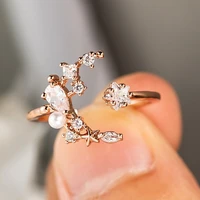 2022 new aesthetic moon and star shaped opening rings for women crystal cubic zirconia white imitation pearl party fashion rings