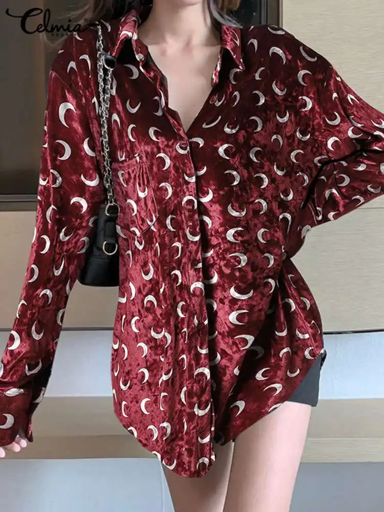 

Женские бархатные длинные рубашки Celmia в Корейском стиле, повседневные свободные рубашки с принтом Луны, элегантные блузы с лацканами и пуго...