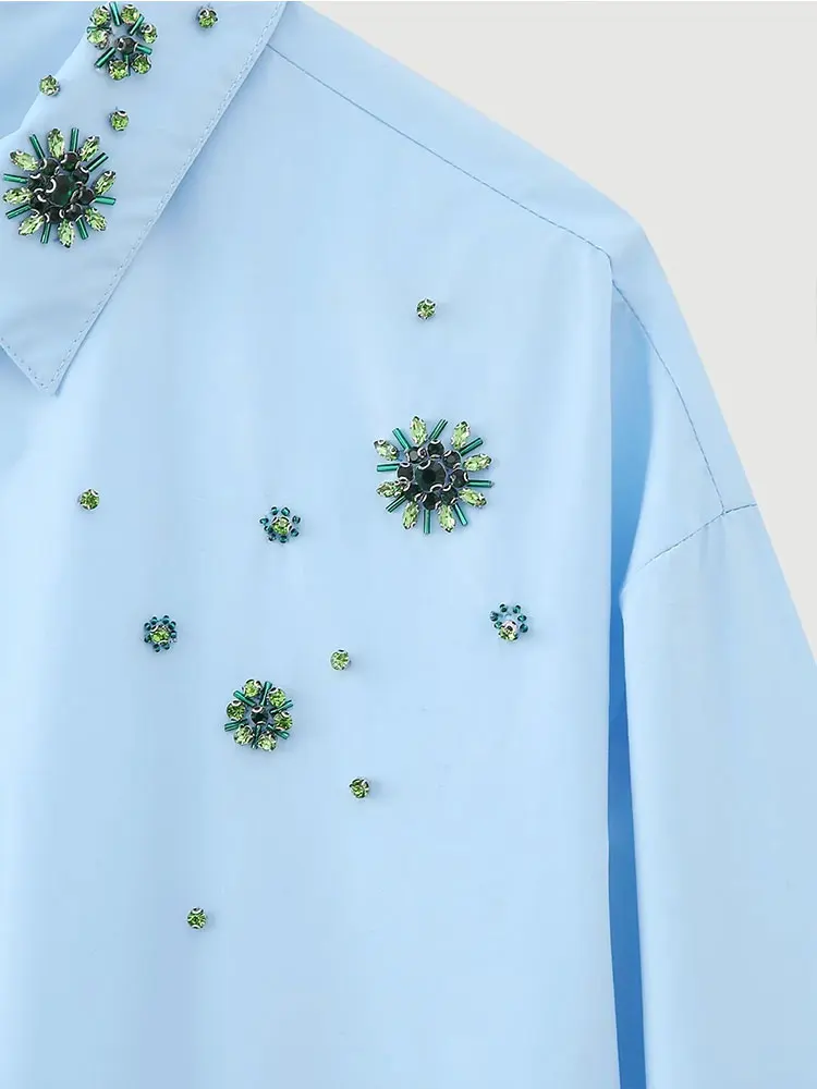 Осень 2023 голубые рубашки TRAF для женщин украшение длинная рубашка женские на