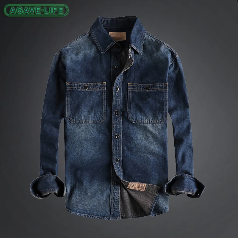 

Retro Tough Guy Casual Denim Shirt Men's Autumn Winter Tooling Old Shirt Coat Youth Male Military Tactics Long Sleeve Jean Shirt