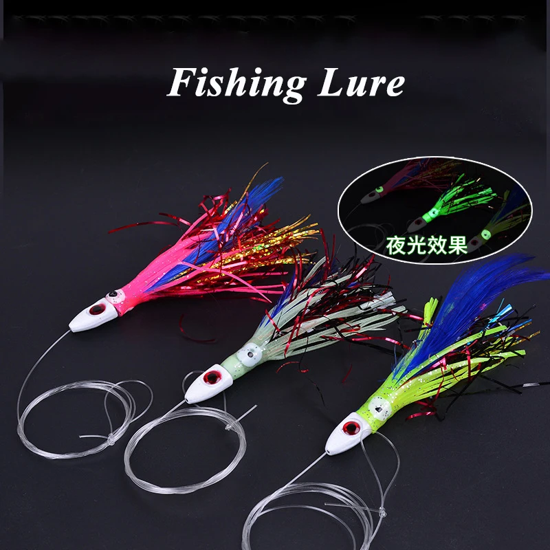 

1pc Fishing Bait with Metal Head Line Squid Skirt Feather Lure Tied Up Saltwater Octopus Bait Trolling Skirt Fishing Accessories