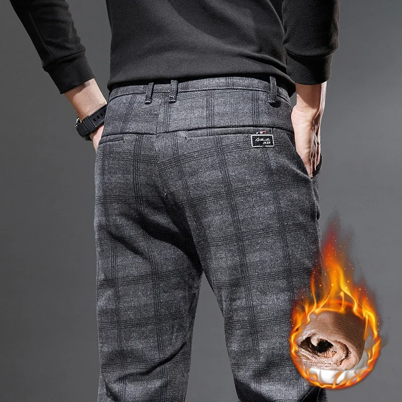 Осенне-зимние мягкие хлопковые флисовые брюки в клетку повседневные мужские