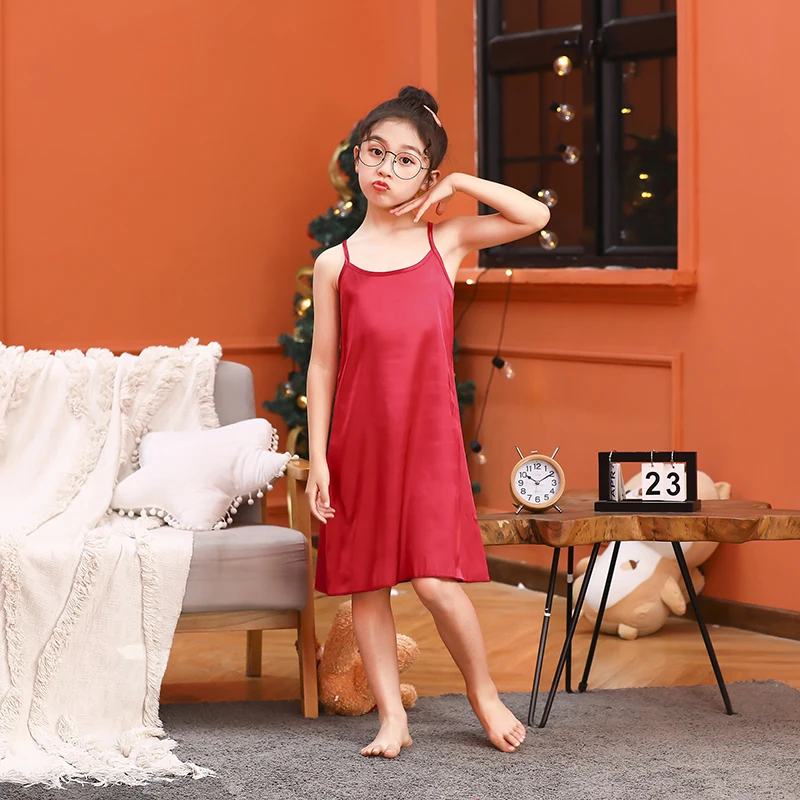 Летняя Новинка ночная рубашка для девочек 2022 однотонная шелковая атласная