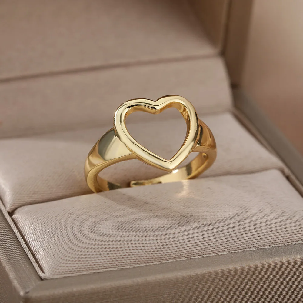 

Hollow Big Heart Rings For Women Gold Color Stainless Steel Open Adjustable Engagement Wedding Ring Female Jewelry Birthday Gift