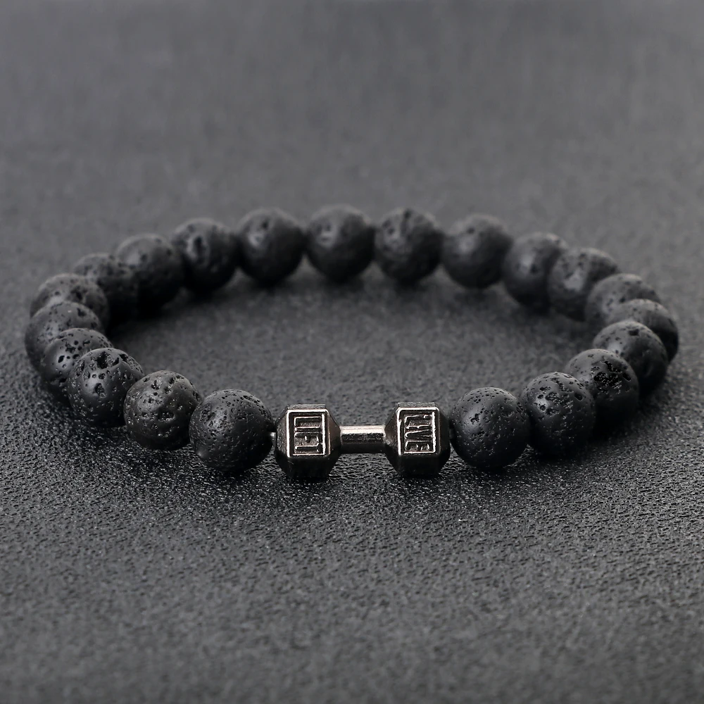 8mm Natural Black Lava Stone Dumbbells Bracelet For Women Men Charm Tibetan Buddhist Elastic Bangle Fitness Barbell Jewelry Gift