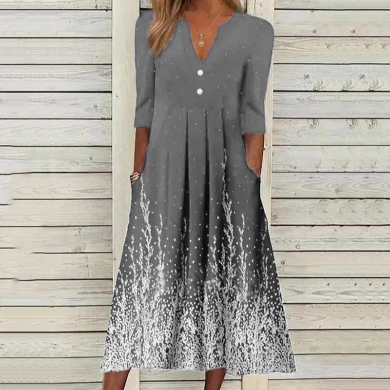 

2023 Summer Women's Long Dress Print V-neck Short Sleeve Draped Empire Elegant Dresses Female Spring Casual Fashion Clothes Lady