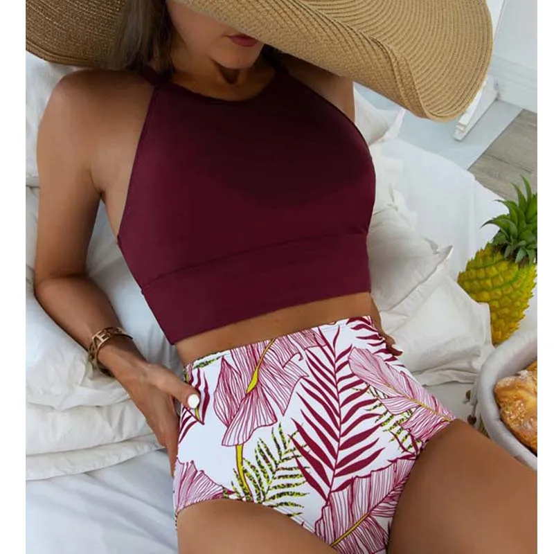 

2022 бикини с высокой талией, женский купальник с высокой горловиной, купальник с принтом, женская пляжная одежда с подкладкой, бикини с листьями