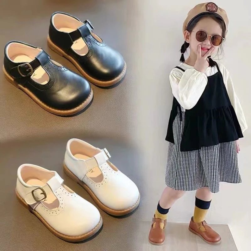 

Children School Shoes Fretwork Platform Girls Princess Shoes T-Strap Buckle Kids Mary Janes Shoes Black Brown Baby Leather Shoes