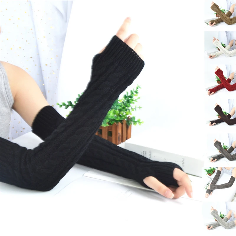 

Women Long Knit Fingerless Gloves Winter Fashion Arm Wrist Sleeve Casual Soft Warmer Girl Elbow Mittens Punk Gothic Black Gloves