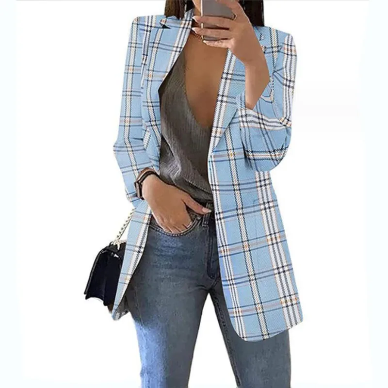 

2023 New Fashion Lattice Turn-down Collar Women Jacket Coats Autumn Winter Casual Slim Long Sleeve Pocket Lady All-match Jackets