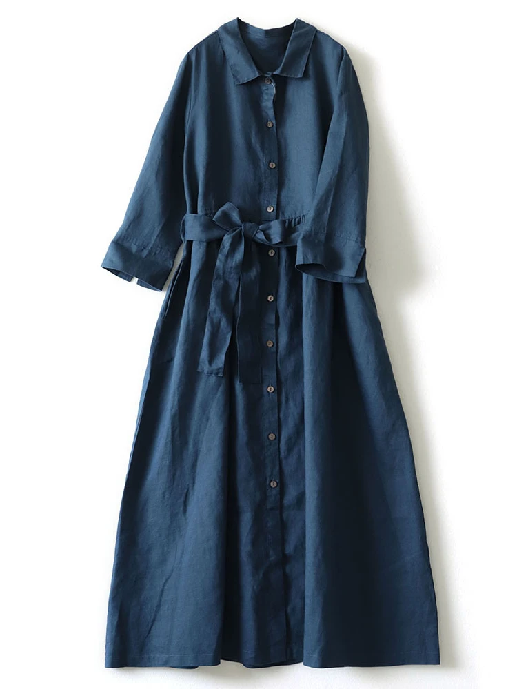 2022 Summer New Ladies Linen Dress Lapel Cotton Linen Shirt Skirt Simple Temperament Comfortable Retro Waist Long Skirt