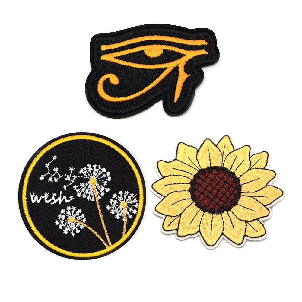 

2PCS Beautifully Embroidered Eye of Horus Sunflower Fabric Applique Iron on Patch for Shirt Sewing Badges Clothing Embellishment