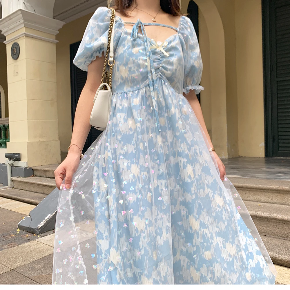 

Женское винтажное платье с V-образным вырезом, милое фатиновое платье в стиле Харадзюку, с пышными рукавами, в форме сердца, мини-платье для девушек, лето 2021