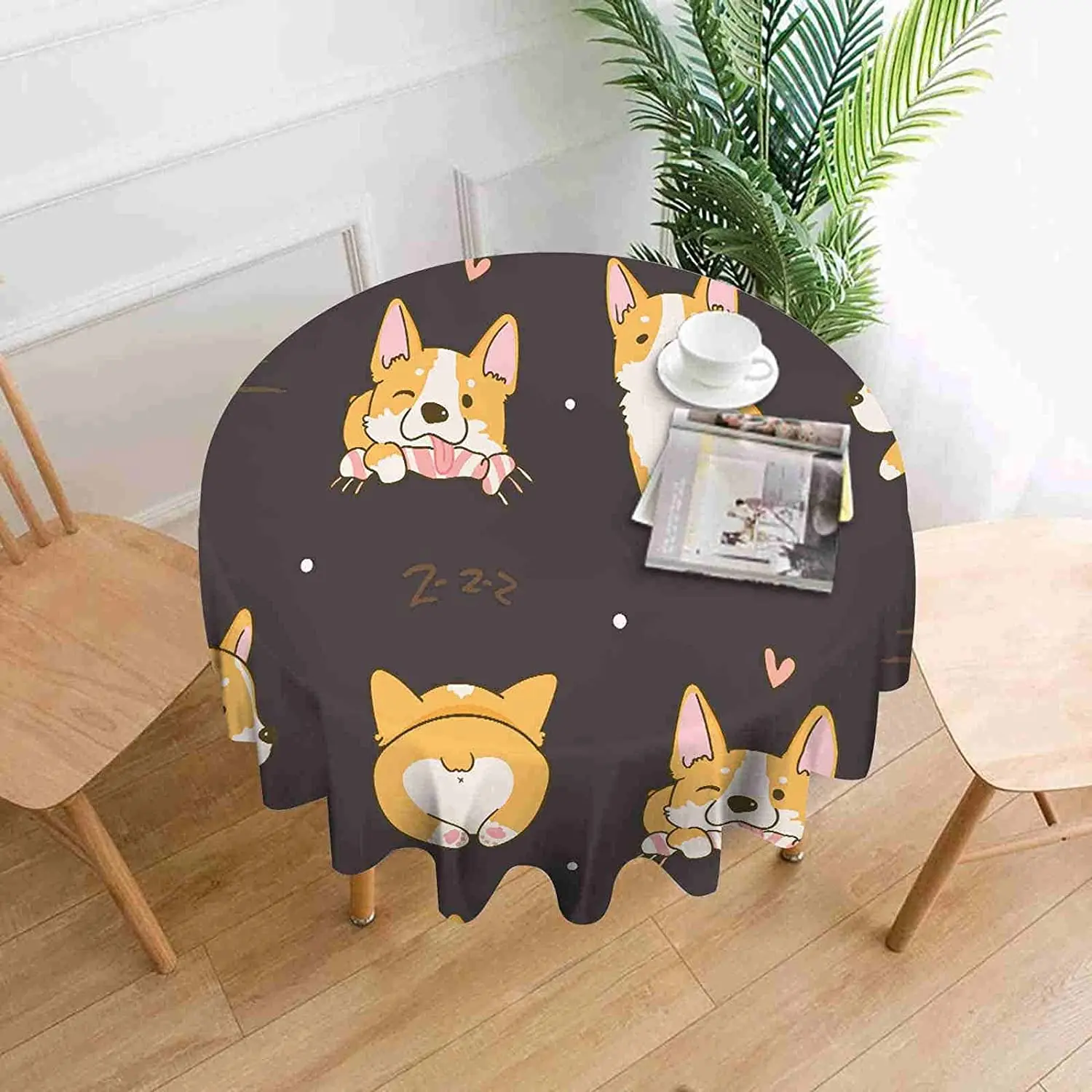 

Kawaii Corgi Cute Dog Round Tablecloth for Circular Table Cover Washable Waterproof Table Cloth Animal Black Round Tablecloth