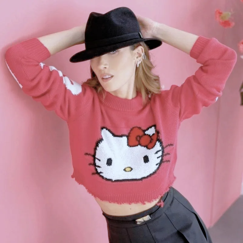 

New Sanrio Hello Kitty Sweater Girl Knitwear Kawaii Pink Short Exposed Navel Letter Cartoon Tops Holiday Birthday Gift