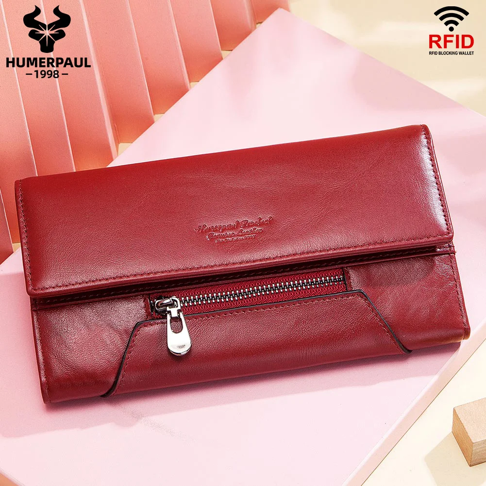 

2022 Fashion Women's Wallet Genuine Leather Coin Purse RFID Anti-thef Card Holder Classic Female Hasp Clutch With Cell Phone Bag