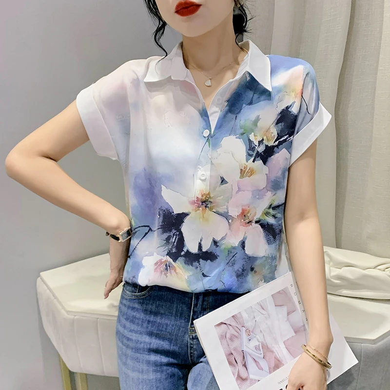 

Шифоновые женские рубашки, Новинка лета 2023, повседневные блузки с принтом, Свободный Топ с коротким рукавом и цветочным принтом, женская одежда с воротником-поло YCMYUNYAN