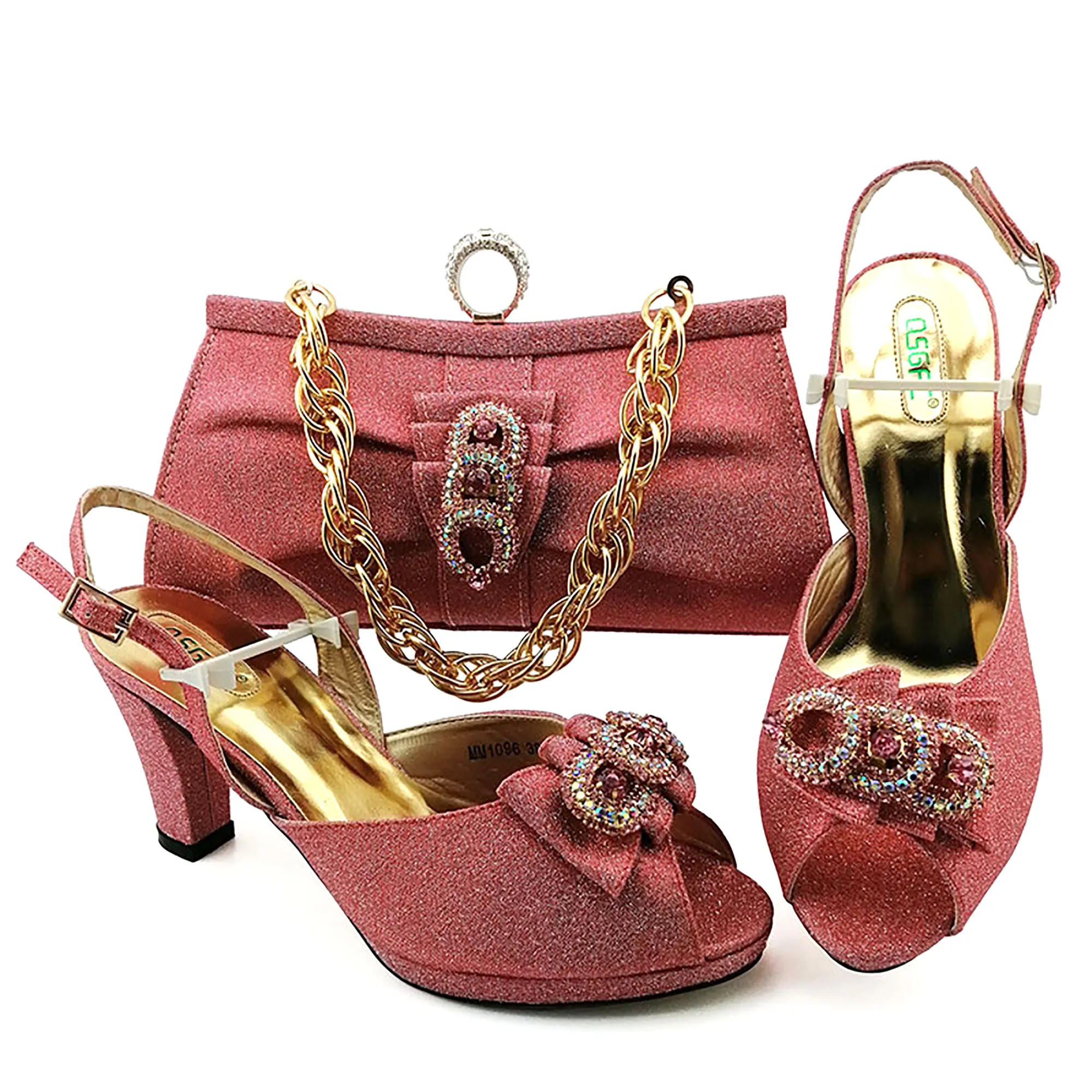 

Latest Coral Color Italian Design Ladies Shoe and Bag Set Decorated with Rhinestone African Shoes and Matching Bags Party