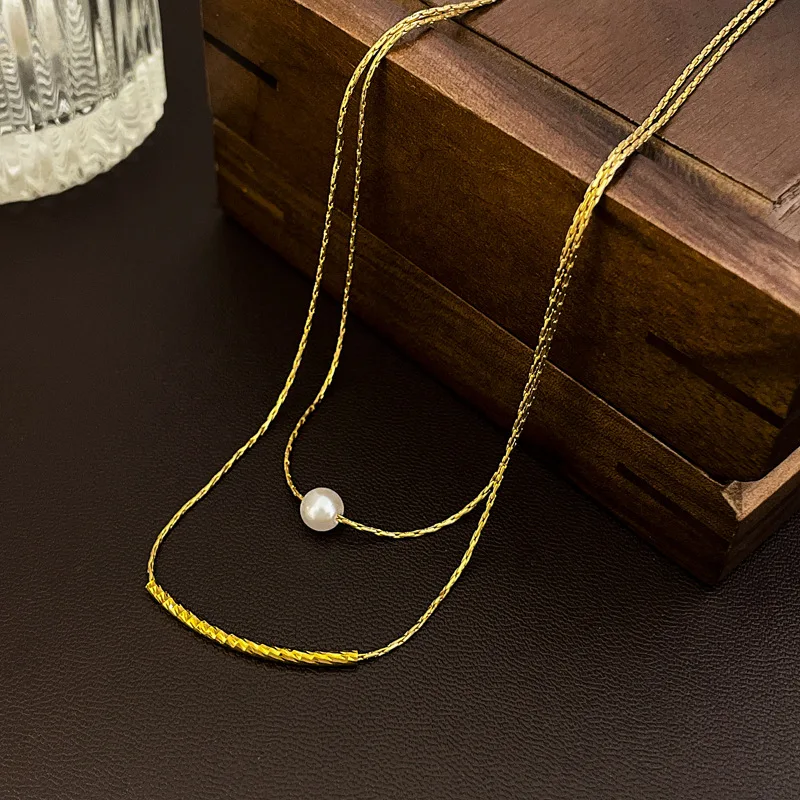 

Double Layer Twin Metal Pearl Geometric Necklace South Korea Clavicle Chain Commuter Necklace Women