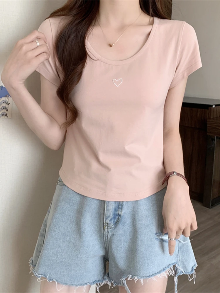 

Cotton Summer 2023 New Slim Fit and Slim Fit Versatile Solid Color Short Sleeve T-shirt for Women