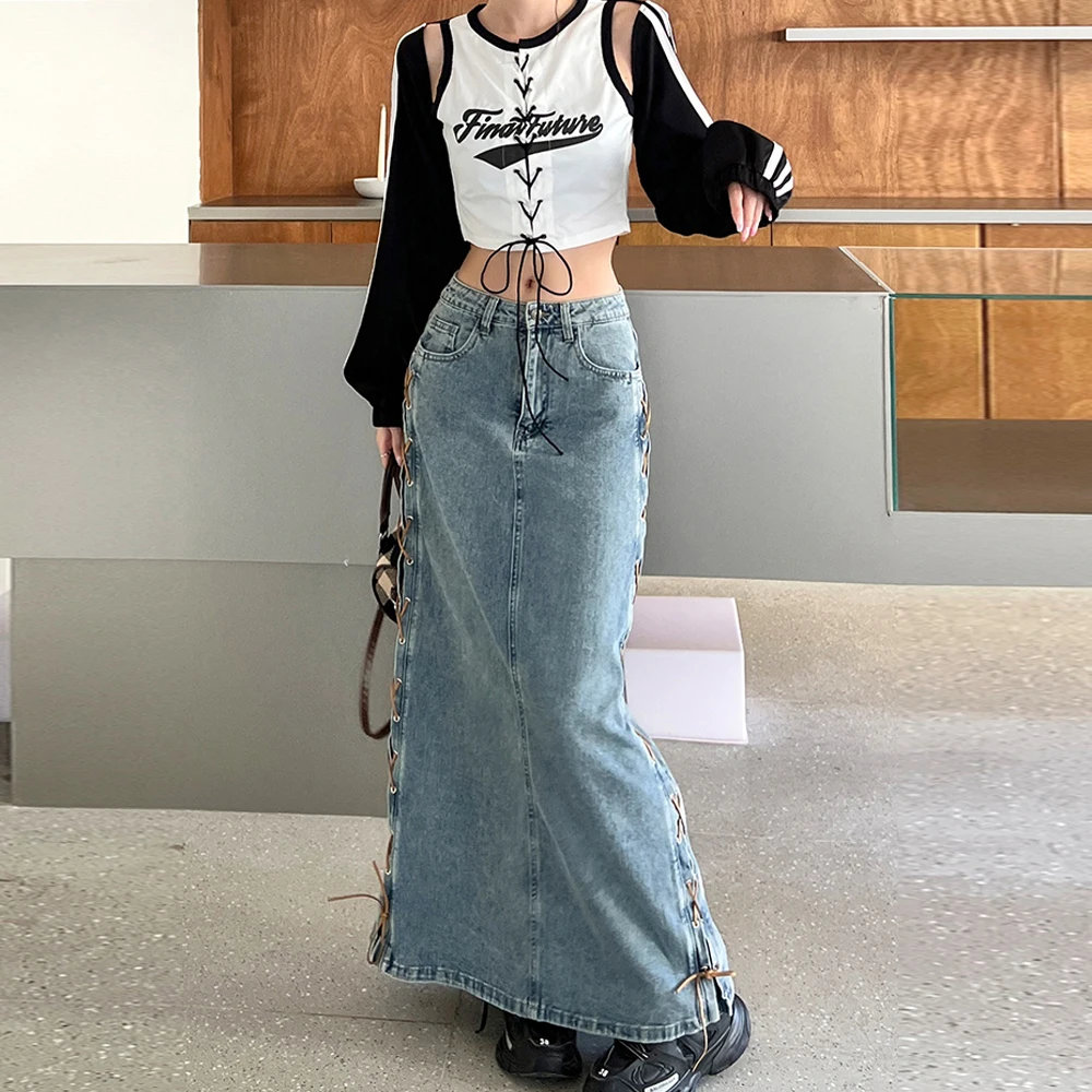 

Y2K Denim Skirts for Women 2022 Autumn Korean Fashion High Waist Tie Open Long Package Hip Half Skirt