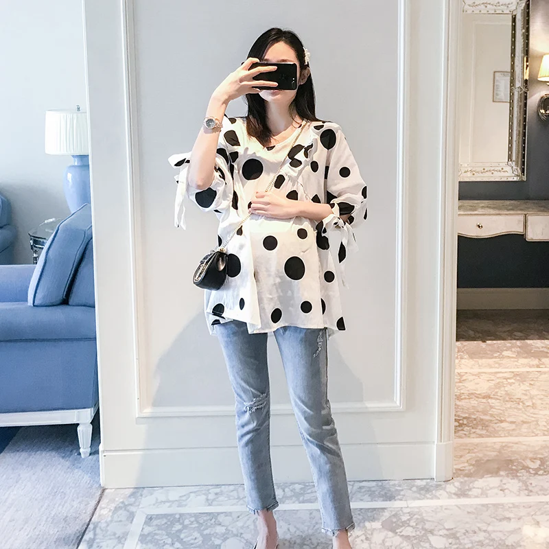 

6135# Summer Casual Dot Printed Linen Maternity Blouses Sweet Chic Ins Loose Shirt Clothes for Pregnant Women Pregnancy Tops