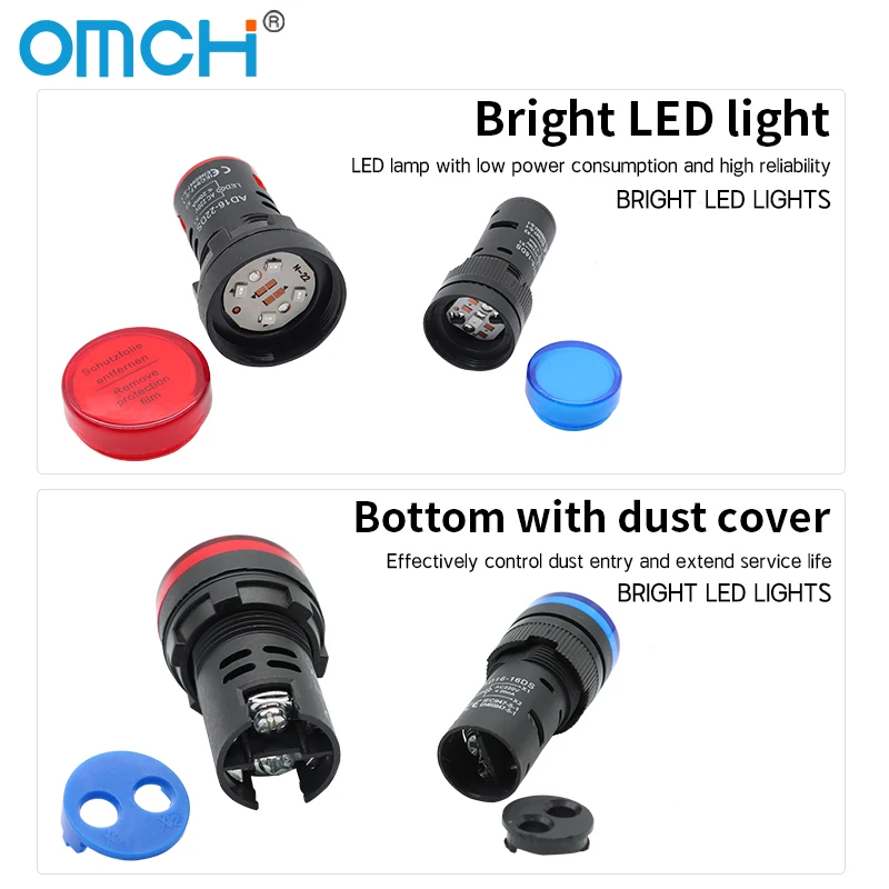 Фото OMCH AD16 Серия 16 мм/22 мм/30 мм Сигнальный светодиодный индикатор для монтажа на панели Красный Зеленый Желтый Синий Белый Свет 12 В 24 В 110 В 220 В 380 В №5