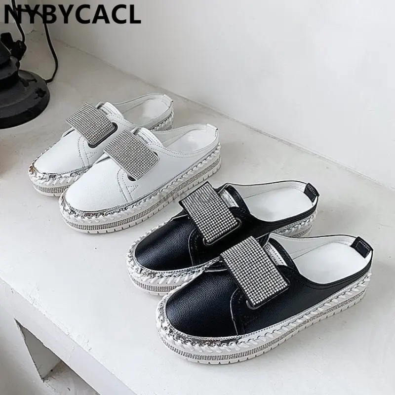 Women's New Mules 2023 Spring Ladies Rhinestone Slingback Slip On Comfy Loafers 35-43 Large-Sized Breathable Flat Fashion Shoes