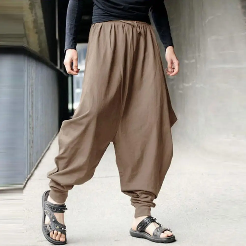 

Men Harem Pants Drop Crotch Solid Color Drawstring Vintage Mid Rise Ankle Tied Lace-up Loose Baggy Pants for Performance
