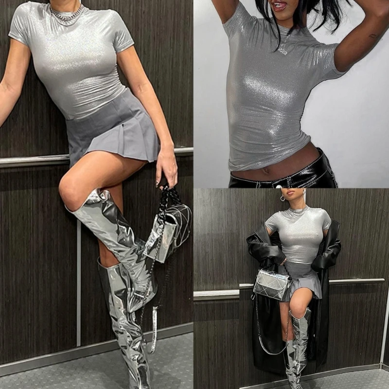 

Женский сексуальный металлический серебристый короткий топ с коротким рукавом и ложным воротником для ночного клуба