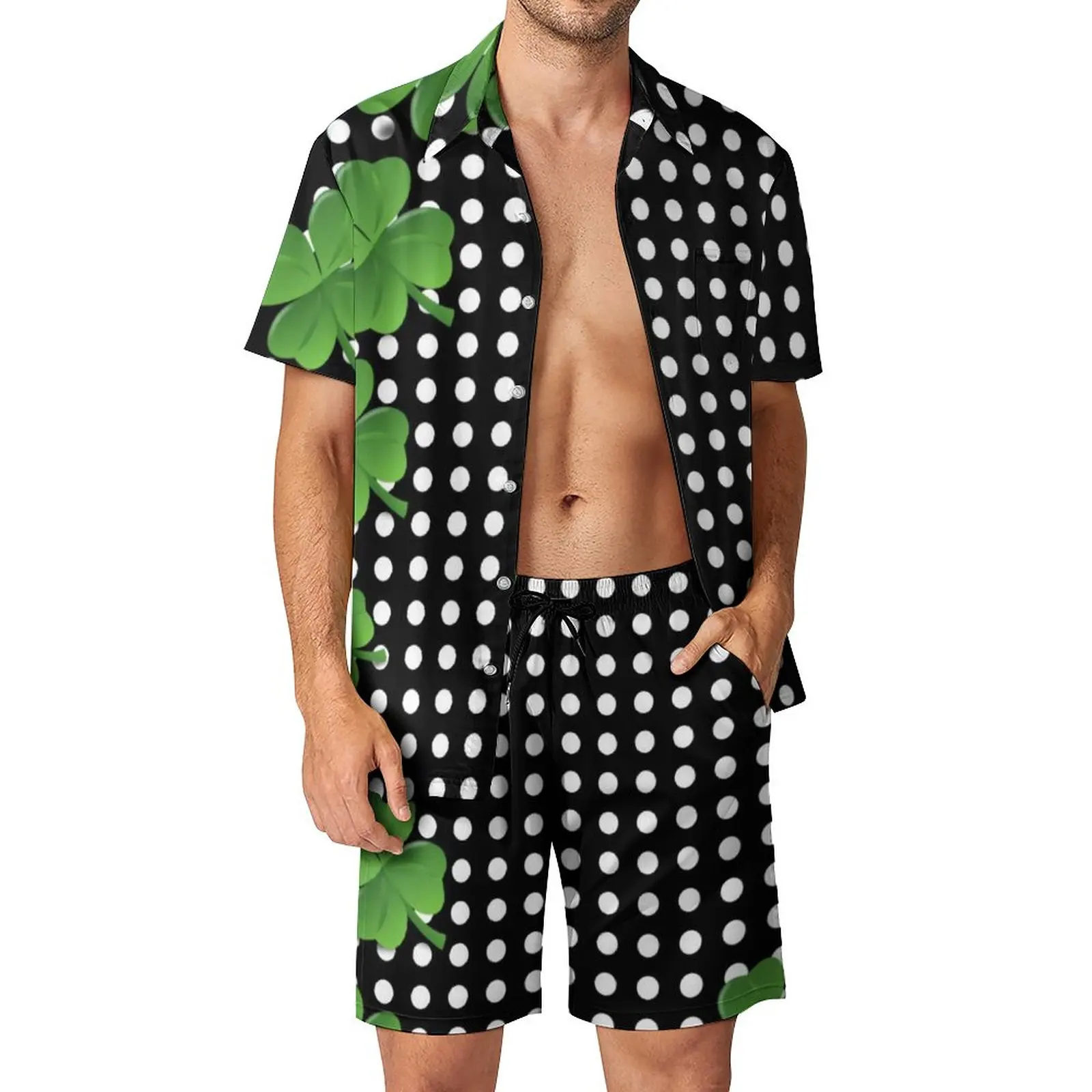 

Black White Polka Dot Men Sets St Patricks Day Irish Shamrocks Casual Shorts Beach Shirt Set Summer Two-piece Hawaii Custom Suit