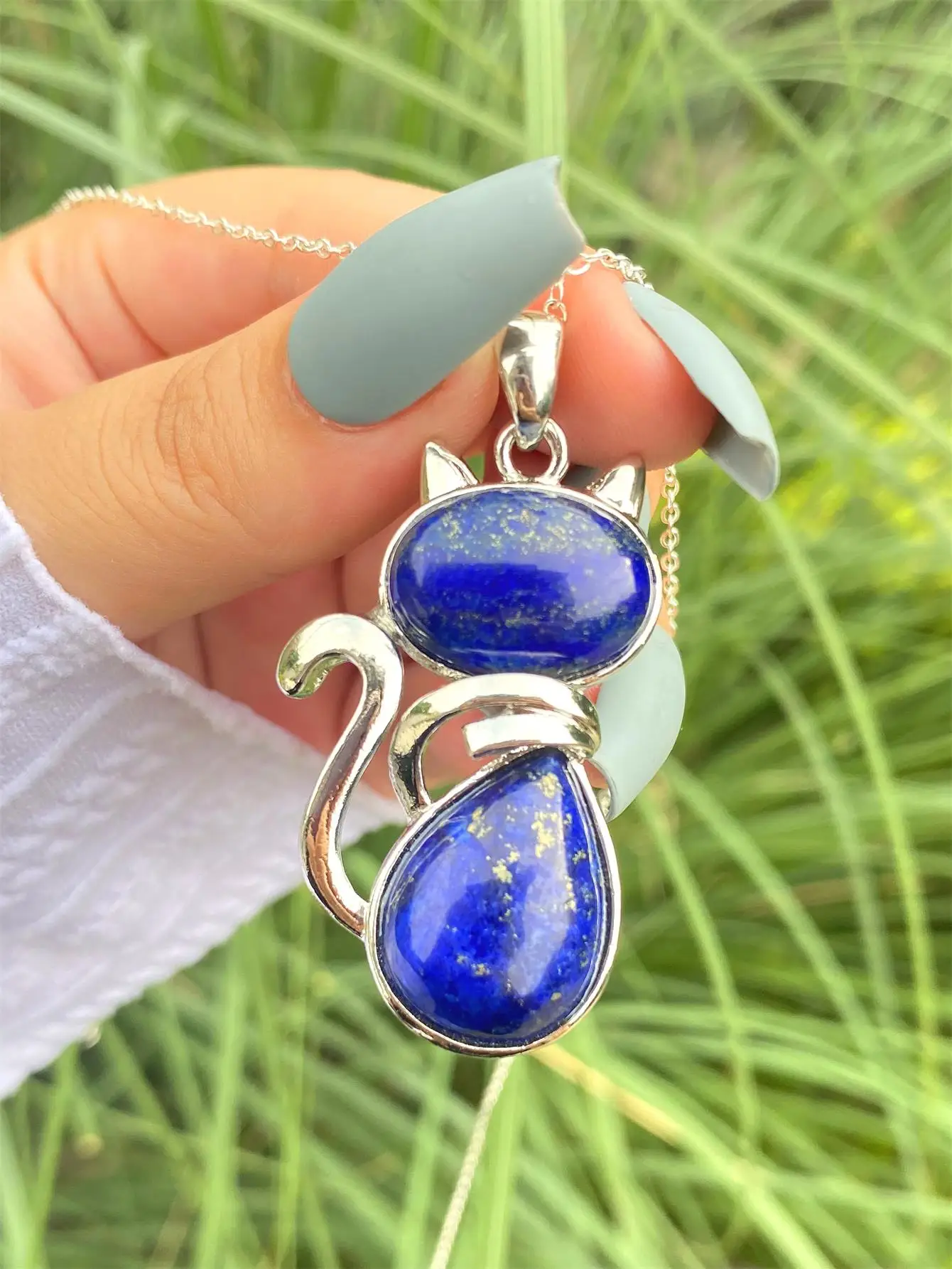 

ANGLANG Lapis Lazuli PENDANT Cat Design Natural Handmade stone Chain Necklace Bride Wedding Engagement Fine Jewelry