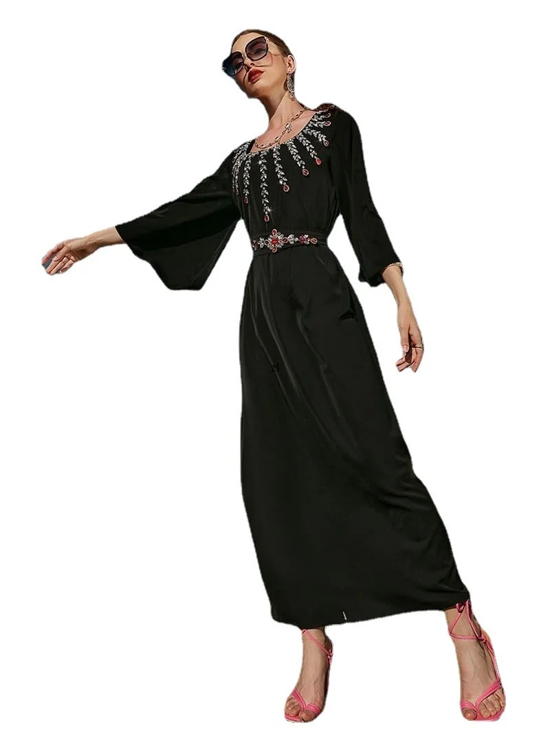 

Rhinestone Kaftan Women Moroccan Party Caftan Satin Flare Sleeve Muslim Long Dress Belted Arab Dubai Saudi Abaya Ramadan Black