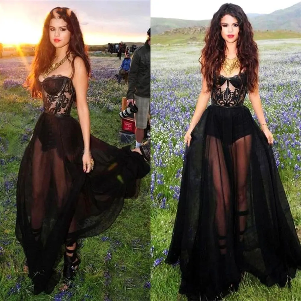 

Sexy See Through Bodice Prom Dresses Lace Sweetheart Celebrity Party Gowns Black Chiffon A Line Bride Dress With Short Pants