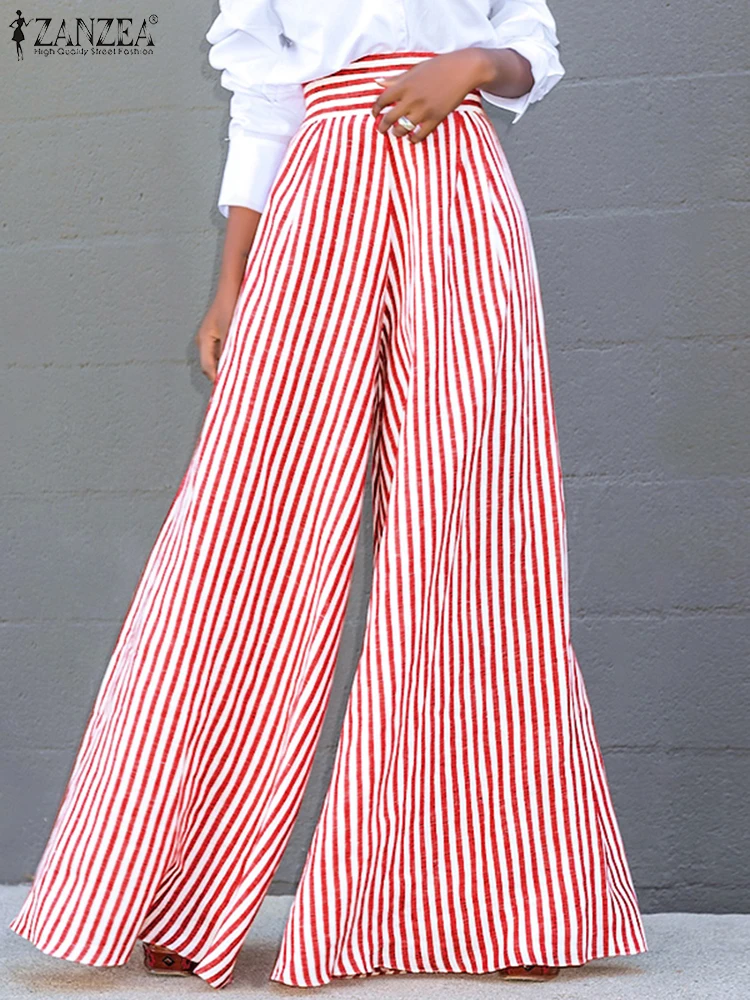

ZANZEA Women Wide Leg Pants Fashion OL Striped Printed High Waist Pants Oversized Casual Loose Zip Up A-line Pantalons Palazzo