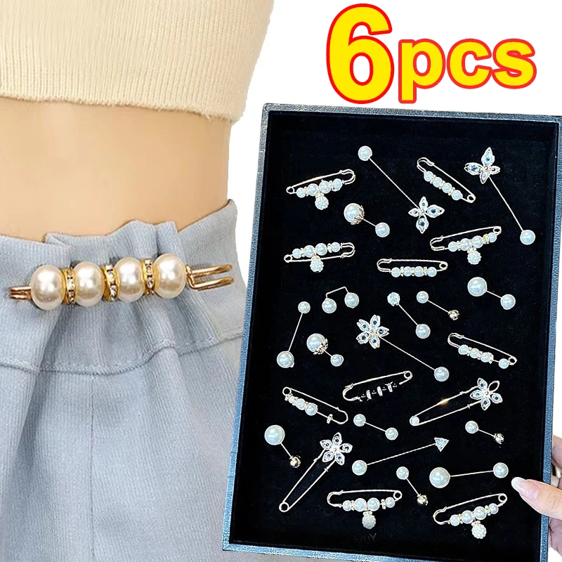 

6pcs/Pack Cute Enamel Brooches Pins Pearl Neckline Small Collar Lapel Pin Buckle Hijab Fixed Clothes Brooch Scarf Jewelry Sets