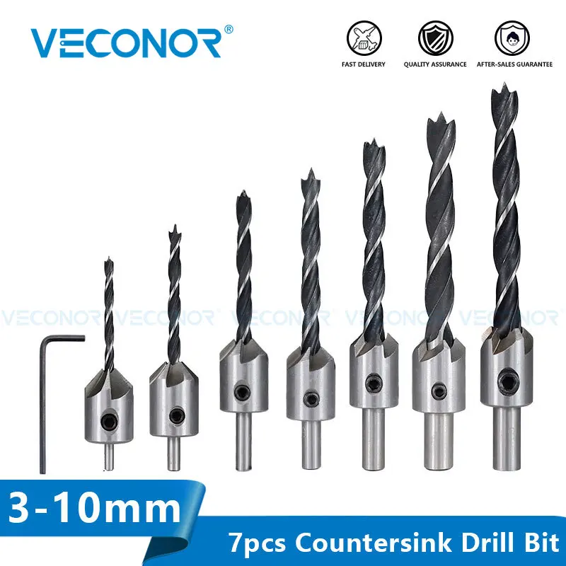 

VECONOR 3mm-10mm HSS Countersink Drill Bit Set Reamer Woodworking Chamfer Drill Counterbore Pliot Hole Cutter Screw Hole Drill