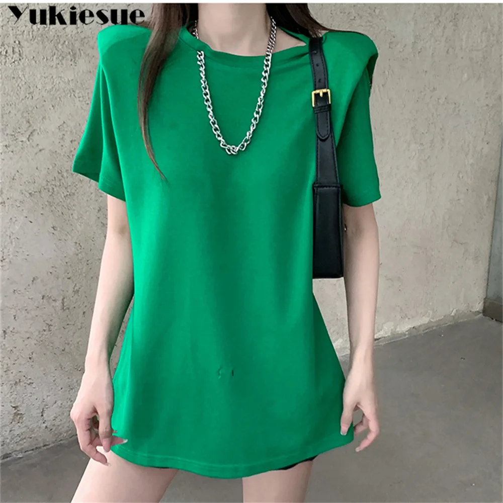 

2022 Summer Niche Short-sleeved T-shirt Women's Shoulder Pads Chain Split Side Buckle Green Round Neck All-match Top Women