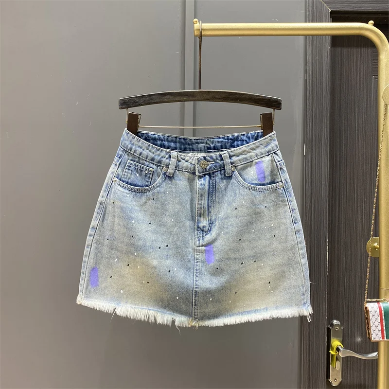 

Light Blue Denim Skirt Women's Summer High Waist Frayed A- Line Sheath Skirt Office Lady Sexy Mini Jeans Skirts Feminino