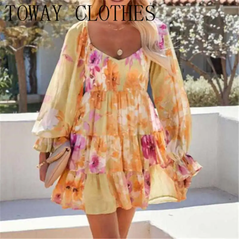 

Dress For Women 2022 Floral Print Ruffle Hem Ruched Chiffon Dress Summer Mini Sexy Party Dresses