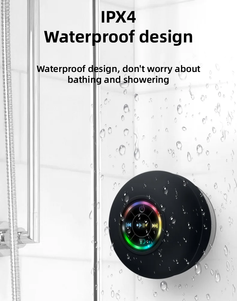 Portable Waterproof Bluetooth Shower Speaker with Suction Cup and LED Lights 3D Surround Stereo subwoofer