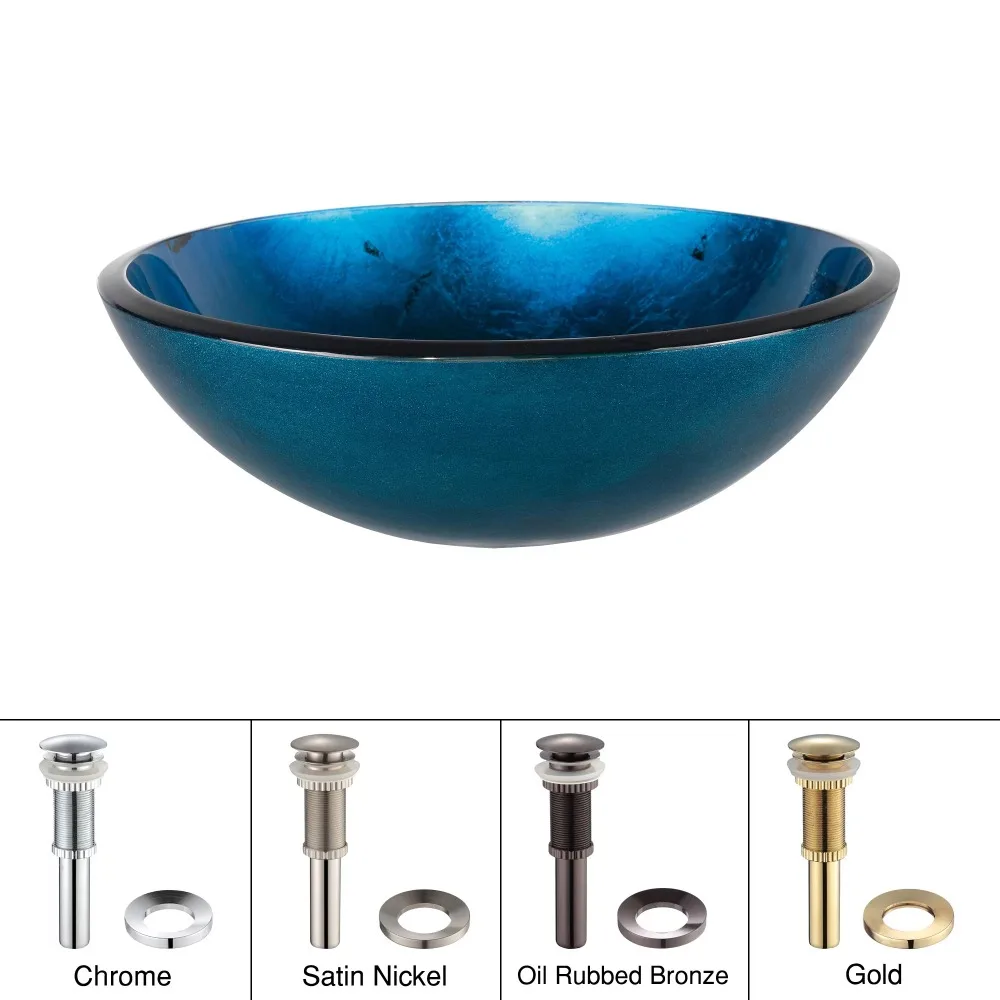 

KRAUS Irruption Glass Vessel Sink in Blue with Pop-Up Drain and Mounting Ring in Satin Nickel