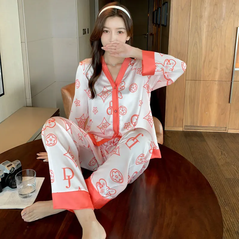 Women's Ice Silk Pajamas Set V Neck Design Luxury Cross Letter Print Sleepwear Silk Like Home Clothes XXL Large Size Nightwear