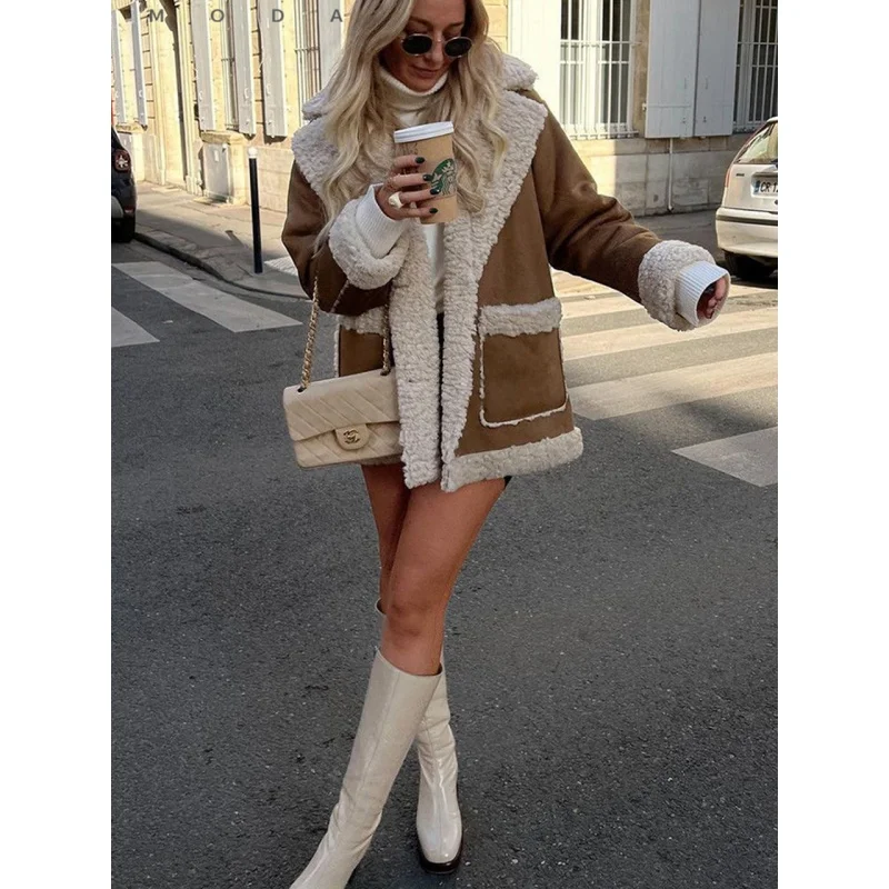 

Осенне-зимняя женская одежда, теплые пальто, верхняя одежда из искусственного флиса, плотный воротник с лацканами из овечьей шерсти, модная ...