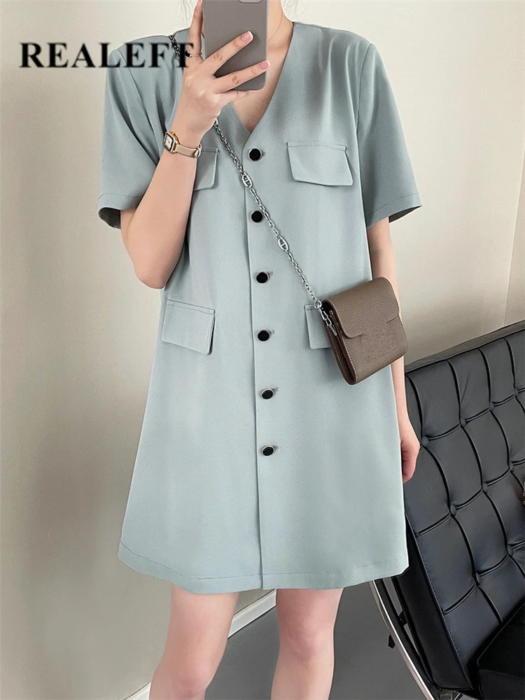 

REALEFT Summer Single Breasted Women's Mini Dresses 2022 New V-Neck Short Sleeve Korean Fashionable Female Short Dresses