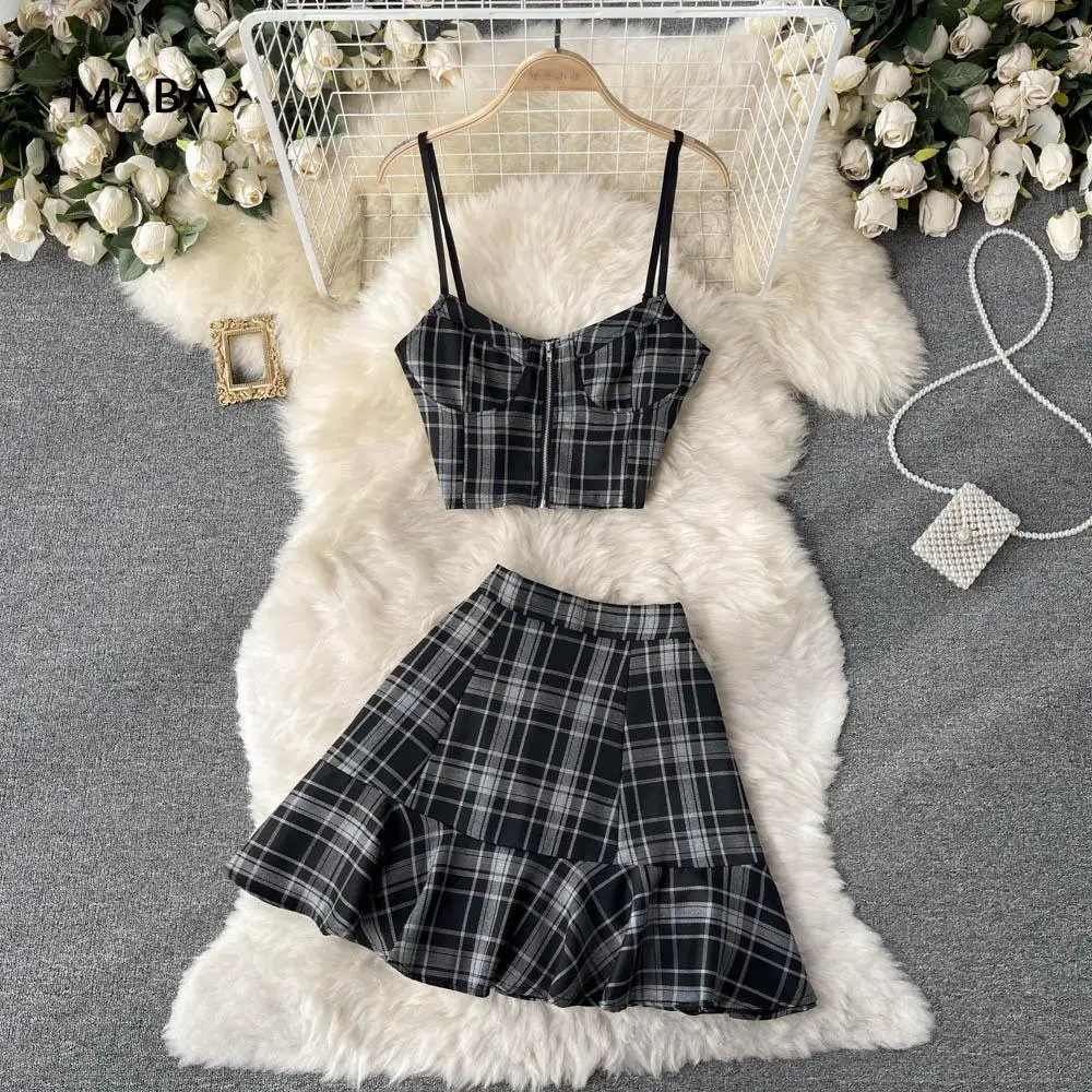 

Retro Plaid Mini Skirt Two Piece Set Women Summer Sleeveless Spaghetti Strap Top+high Waist A-line Skirt Korean Preppy Style Set