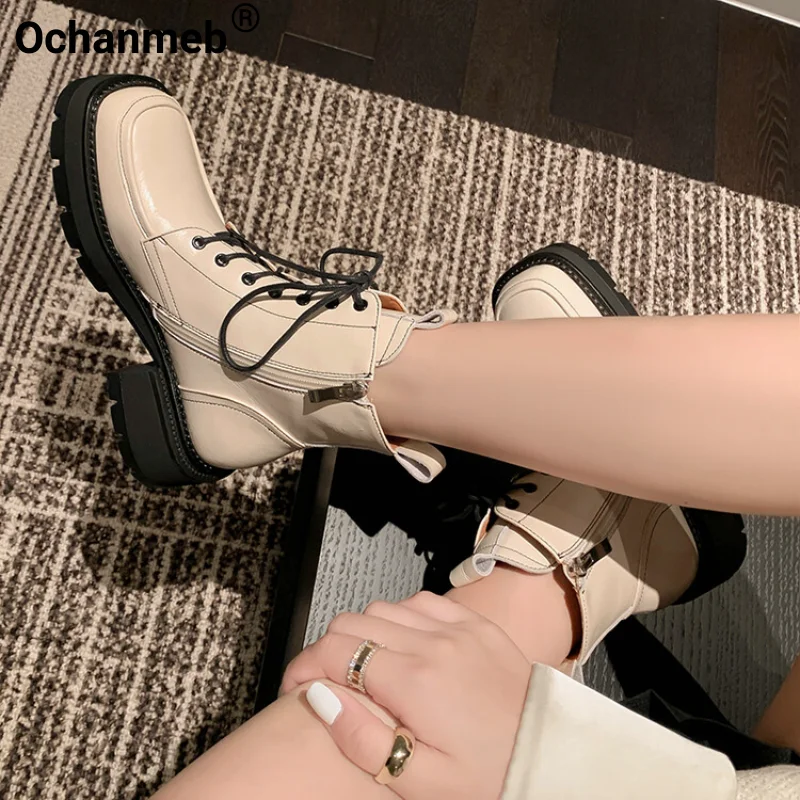 

Ochanmeb Women Genuine Leather Cross-tied Short Boots Gothic Chunky Heeled Lace-up Ankle Boots Square Toe Platforms Shoes Winter